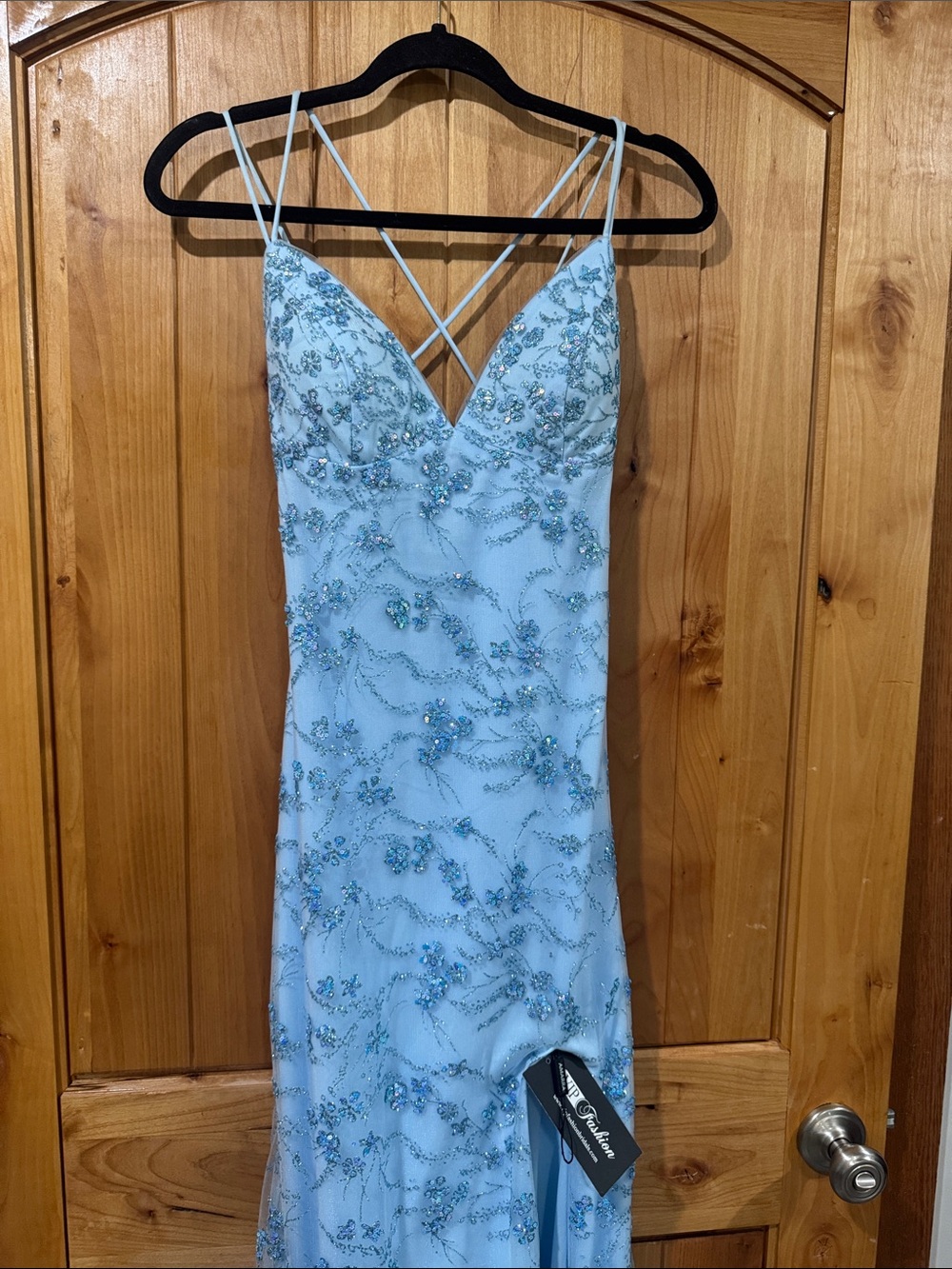 Light Blue Beaded Strapless Evening Gown